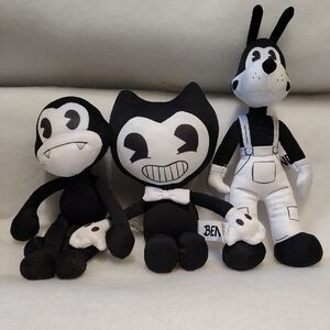 Black & White Bendy-Style Plush Trio - Cute Cartoon Stuffed Animals